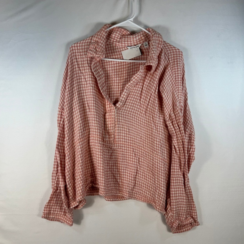Peace Love World Pink Houndstooth Pullover Blouse XL Long Sleeve V-Neck Top